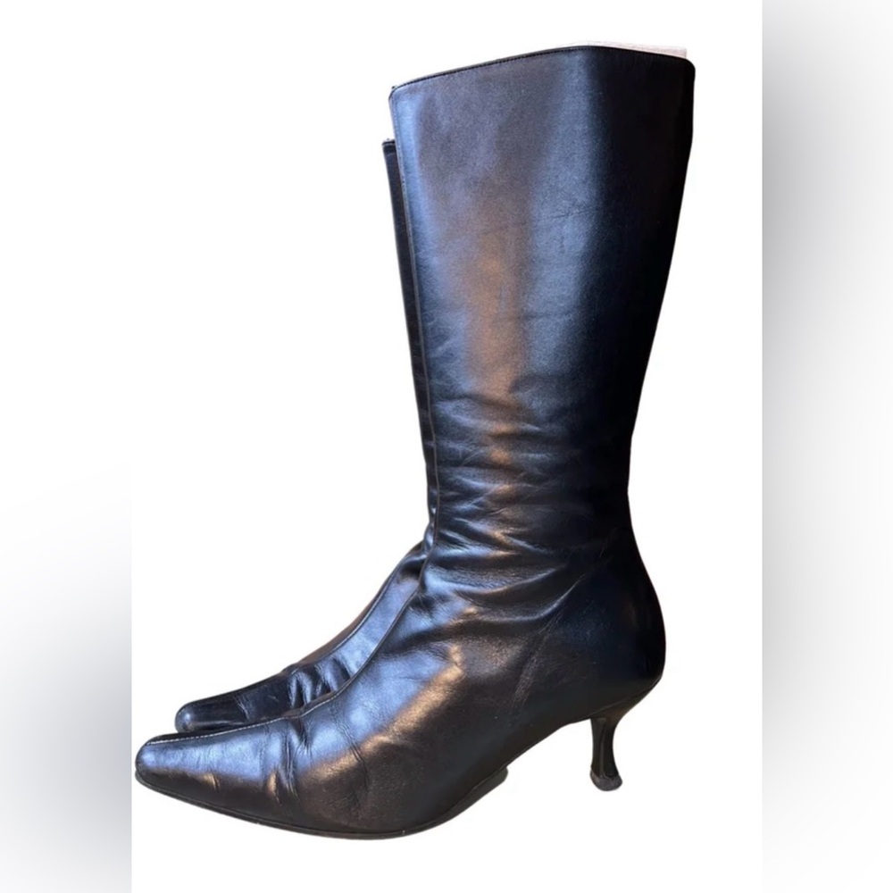 Pointed Toe Black Leather Kitten Heel Boot Kurt Geiger